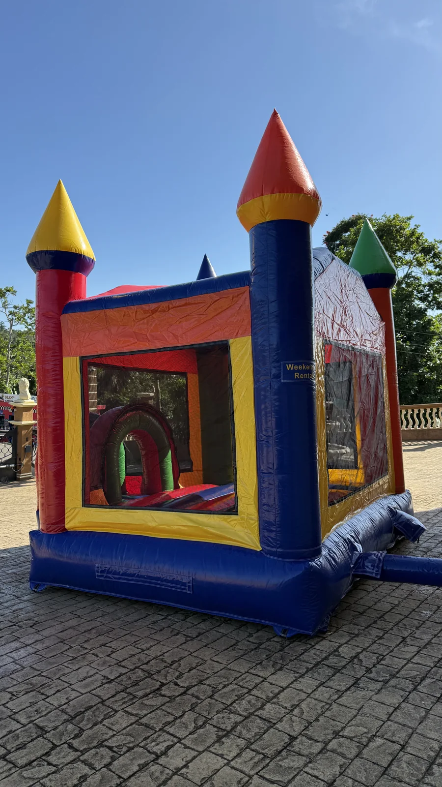 Rear view showing the enclosed jumping area of the 12 by 12 foot bouncer